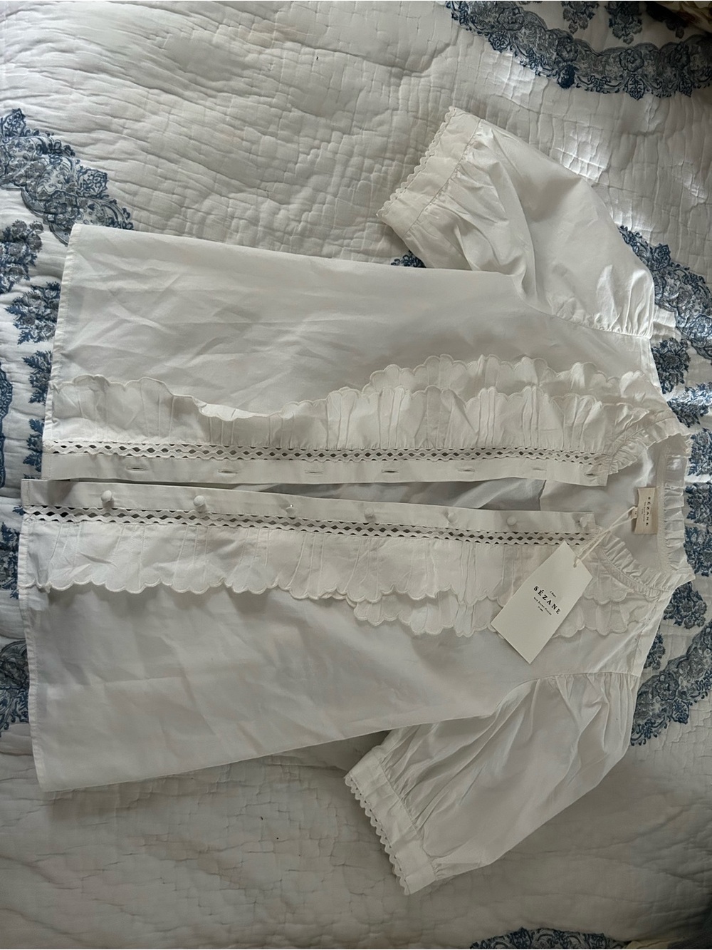 NWT sezane chemise wave Women's White Ruffled Lace-Trim Blouse - Picture 3 of 10